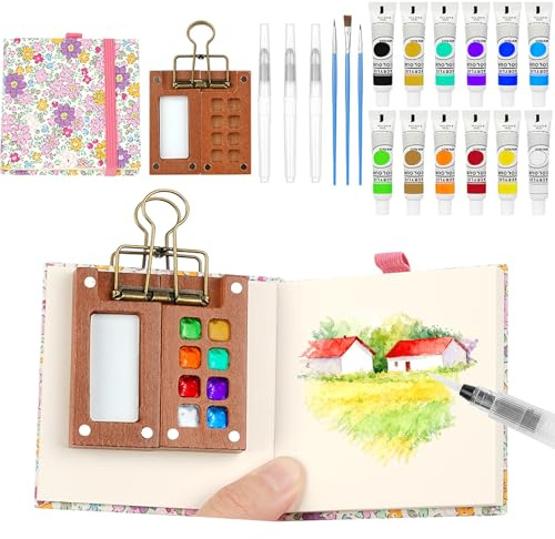 AOOTE Portable Travel Painting Set, 12 Colors Travel Watercolour Paint Set, 6Pcs Pocket Artist Palette Kit with 8 Grids Mini Wooden Palette, Metal Clip,Paint,Watercolor Pen,Sketchbook,Brush, Pink