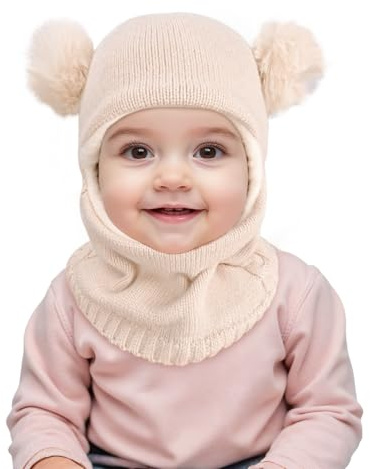 HZHSGLY Kids Winter Hat, Toddler Winter Hat Warm Baby Earflap Beanies Hood Windproof Balaclava Neck Warmer Scarf with Double Pom for Toddler Boys Girls 2-8 Years (Beige-1)