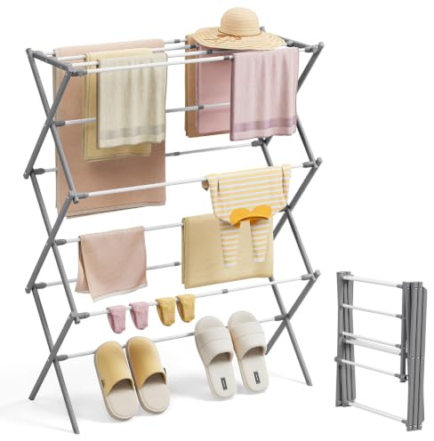 KINGBOARD Clothes Drying Rack, Collapsible Drying Rack Clothing with 11 Poles, 3-Tier Laundry Drying Rack, Small Clothes Drying Rack Foldable for Baby Clothes, 25lb Capacity, White & Grey