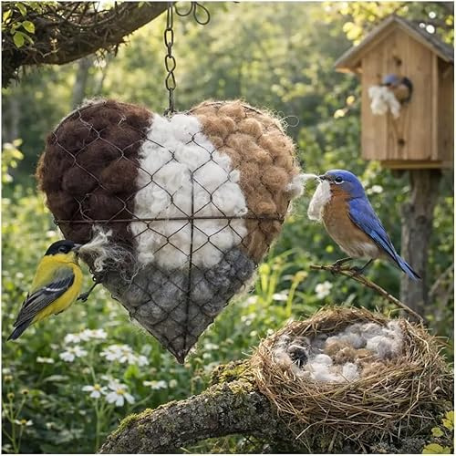 BafanglaiUK Handmade Fiber Bird Nesting Heart, Birds Nests Material Holder, Hummingbird Nest Boxes, Dual-Season Outdoor Bird Shelter for Garden, Yard & Birds Lover