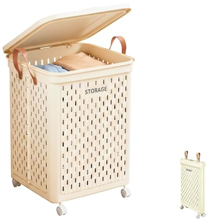 Cesto Porta Biancheria Pieghevole con Ruote e Coperchio, Grande Cesto per Bucato con Maniglie, Ideale per Bagno, Camera e Lavanderia. (56x37x36 cm)