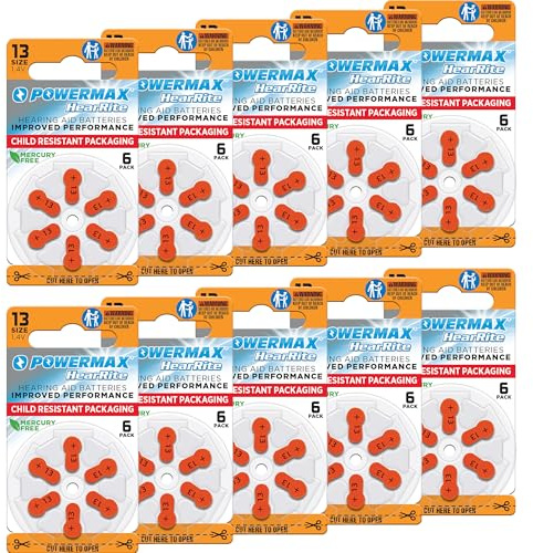 Powermax Size 13 Hearing Aid Batteries, 60 Count Long-Lasting Battery Pack, Orange Long Tab for Easy Change
