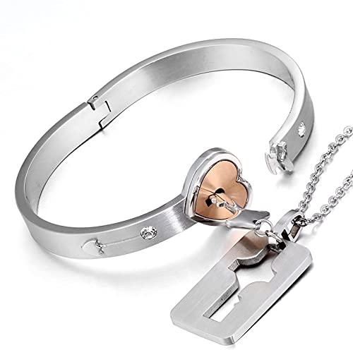 Flongo Bracciale Collana da Coppia 2 Pezzi Acciaio Inossidabile Cuore Chiave San Valentino Regalo