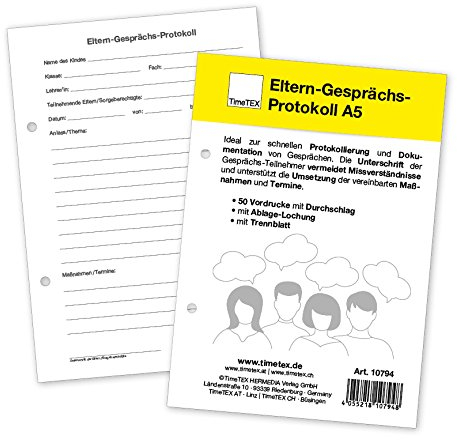 TimeTEX Eltern-Gesprächs-Protokoll A5 - Zur schnellen Protokollierung und Dokumentation von Gesprächen - 50 Vordrucke mit gelbem Durchschlag - selbstdurchschreibend - A5 - Block - 10794