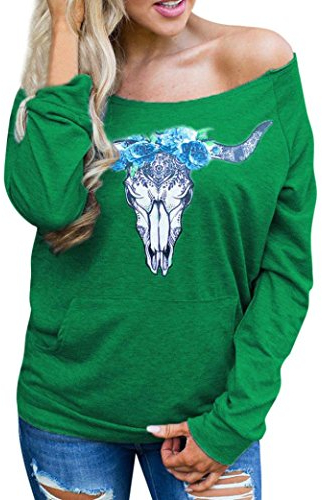 Sweatshirt Damen Kolylong® Frauen Elegant Drucken Trägerlos Sweatshirt Herbst Locker Langarmshirts Reizvoller Off Shoulder Bluse Mantel Sport Pullover T-Shirt Tops Oberteile (S, Grün)