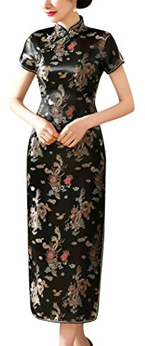 Laogudai Abito Tradizionale Cinese Qipao Lungo Donna Asiatico Cheongsam Retrò Drgon e Phoenix per Cocktail Party 40 Nero