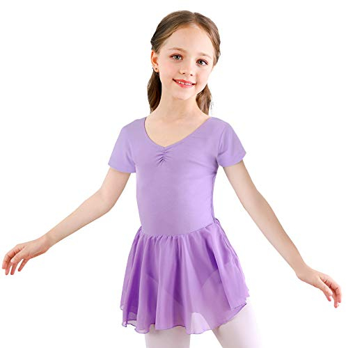 Kinder Ballettkleidung Mädchen Ballettkleid Kurzarm Balletttrikot Ballettanzug Tanzkleid Tanzbody aus Baumwolle mit Chiffon Rock Tütü (130 (120-130cm, 8-9 Jahre), Lila)