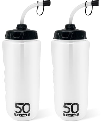 50 Strong 1 Liter Sports Water Bottle W/Straw 2 Pack - Easy Squeeze + Built in Finger Grip & Carry Loop - BPA Free Plastic - Use W/Sport Helmet in Football & Hockey - (Clear/Black, 2 Pack)