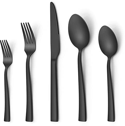 Joyfair - Set di posate da 30 pezzi, nero opaco, per 6 persone, in acciaio inox, con coltello, forchetta, cucchiaio, eleganti posate da tavola per famiglie, feste, hotel, durevoli e antiruggine
