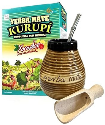 Kurupi Sabor Citrus Yerba Mate Service à thé complet avec boisson énergétique naturelle forte 500 g Booster d'énergie Kit pour débutant en céramique 300 ml Bombilla Pelle en bois Antiacide végétalien