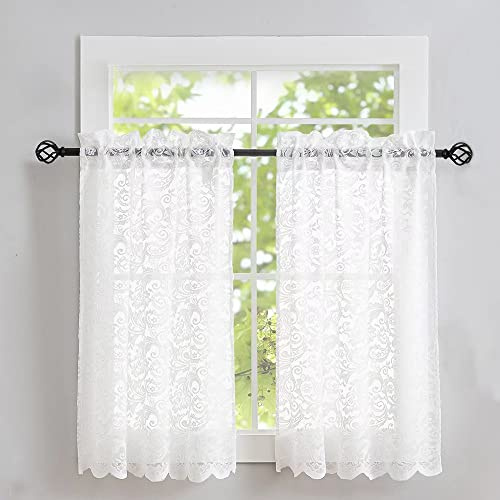 ALIGOGO Lot de 2 Rideaux Courts de Cuisine en Dentelle, Style rétro, pour Petite fenêtre de Salle de Bain, au-Dessus de l’évier, décoration pour Armoire, buanderie, 66 x 91,4 cm (l x L), Blanc