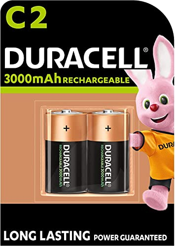 2 pilas recargables Duracell C, 3000 mAh, HR14/DC1400 (1 blíster de 2 baterías) y 2 pilas