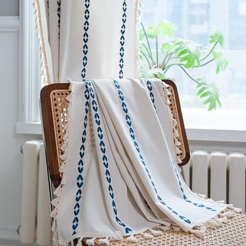 Sutuo Home Boho Curtains 84 inches for Bedroom Living Room, Semi Blackout Farmhouse Vintage Tassels Window Treatment Bohemian Embroidery Drape, Rod Pocket 1 Panel 52 W x 84 L, White and Navy Blue