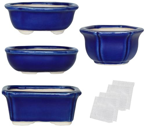 Happy Bonsai, confezione da 4 vasi smaltati mini, con 4 retine di drenaggio a maglia morbida