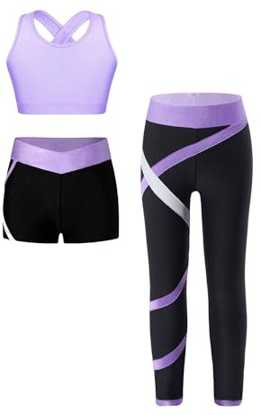 YEAHDOR 3-Set Completo Sportivo Bambina Tuta Ginnastica Artistica Crop Top Reggiseno Sportivo + Pantaloni da Jogging Leggings Sportivi + Pantaloncini Sportwear A Lanvanda 9-10 anni