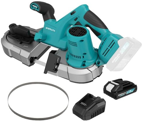 Sierra de Cinta Profesional Portátil Inalámbrica, ONEMANA 2.5 pulgadas Sierra de Banda a Batería con LED 6 Ajustes de Velocidad,Sierra de Cinta de Corte para Metal (Incluye Bateria y Cargador)