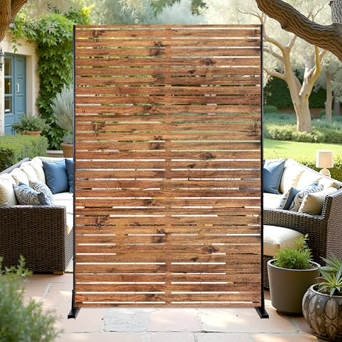 Metal Privacy Screen Outdoor 72 H×47 W Natural Wood Brown Patio Privacy Screen, Freestanding Decorative Privacy Screen for Deck Balcony Patio