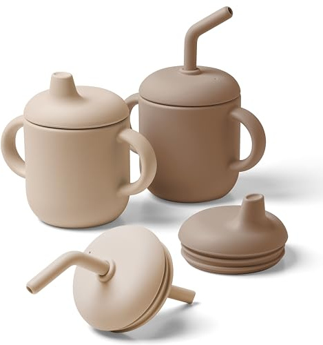 Navik | bicchiere bambino di silicone | neonato 6 mesi | cannuccia e beccuccio | tazza bambini con due manici | Marrone e beige