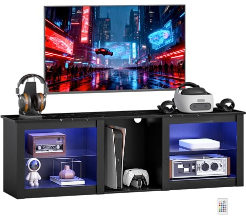 HOMCOM TV Unit with LED Lights for TV up to 65 Inch, 160cm TV Stand Cabinet with Adjustable Glass Shelves, Open Compartments for Gaming Consoles, TV Cabinet for Living Room, Bedroom, Black