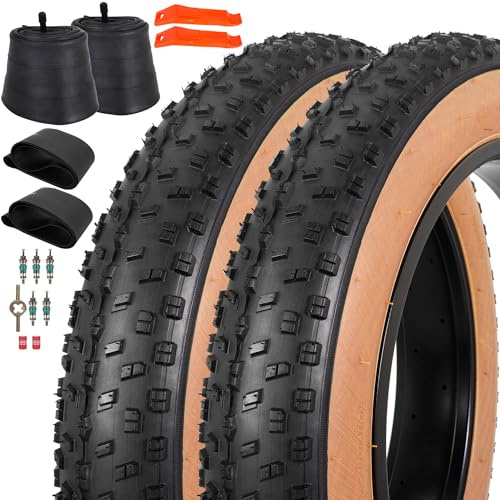 RUHUO 2Sets 20x4.0 Fat Tires and Tubes, Puncture Resistant Folding Bike Tire Sets 102-406 Compatible with E-Bike Mountain Bike MTB Bicycle All-Terrain Directional Tread Sidewalls of Skin Color 33TPI