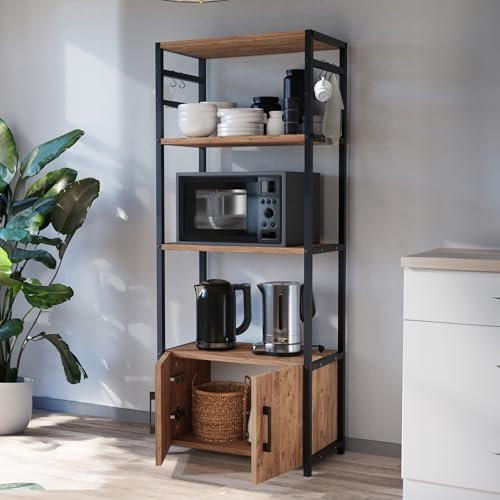 [en.casa] Küchenregal stehend Arhuni Standregal mit 2 Türen und 5 Haken Vorratsregal 139 x 56 x 30 cm Gewürzregal mit Metallgestell Eichenoptik