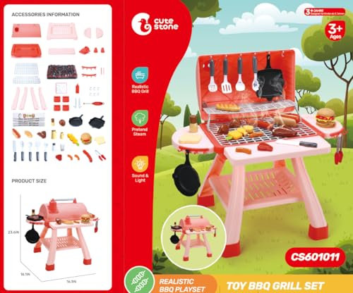 CUTE STONE Kinder BBQ Grill Spielzeug, Küche Set, Realistische Rauch BBQ Grill Spielset mit Spielzeug Küche Zubehör, Barbecue per Bambini Rosa