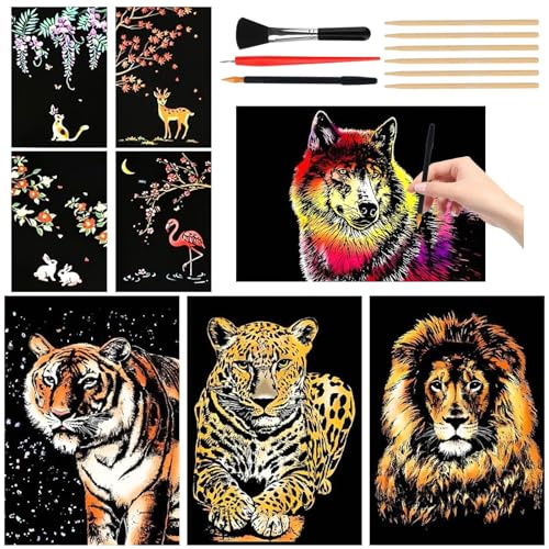 Muyohix Dessin Gratter pour Adulte Enfants, 8PCS Papier à Gratter A4, Kits de Scratch Art avec 6 Outils, Carte à Gratter pour Écriture, Jeux, Activité Manuelle pour Adulte (Animaux)