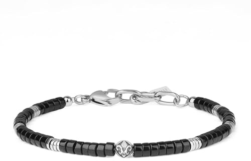 COAI Bracciale da Uomo in Ematite e Pietra Nera, Bracciale di Perline Nere da Uomo con Charm Fleur de Lis