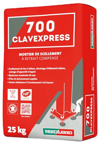 PAREXLANKO - Mortier de scellement - 700 CLAVEXPRESS - Prêt à gâcher à retrait compensé - Prise rapide - Haute résistance mécanique - Fixation béton et scellement armatures - Gris - 25kg