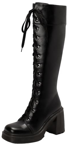 XIEPP Bottes hautes pour femme - Confortables et tendance - Talon épais - Lacets réglables - Bottes de motard douces et faciles d'entretien, Noir , 38 EU