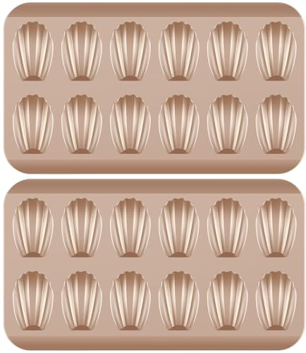 HuhWafee Lot de 2 moules à madeleine en acier au carbone - 12 cavités - Revêtement antiadhésif - Facile à libérer - Pour pâtisserie, pain, chocolat, muffins - Doré