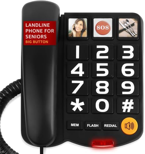 Big Button Landline Phone for Seniors, Uvital Senior Telephone for Elderly with 3 One-Touch Dialing, Corded Landline with SOS Emergency Button, Adjustable Volume, Ringtone Off Function(Black)