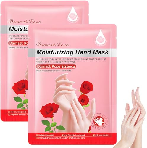 2 Pairs Rose Hand Mask Gloves with Damask Rose Essence for Deep Hydration & Softening Dry Hands - At-Home Spa Care Nourishing & Smoothing Kit with Large Capacity Moisturising Essence