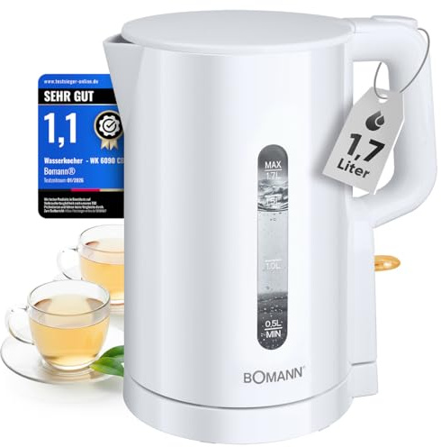 Bomann Wasserkocher 1,7L | 2200W für schnelles Erhitzen | BPA frei | Einhandbedienung | Wasserstandsanzeige | Kettle | Überhitzungsschutz | WK 6090 CB weiß