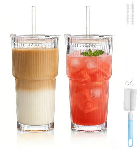 MOFXWHE 2 stycken 600 ml ribbade glaskoppar med lock och sugrör, transparent glas vattenkopp, smoothie-bägare av glas, iskaffemugg, longdrinkglas, dricksglas för kaffe, te, juice