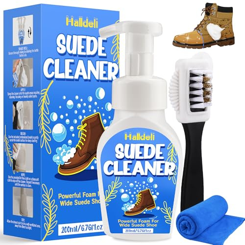 Halldeli Nettoyant daim chaussure, kit nettoyage chaussure avec brosse daim, 200 ml propres chaussures pour daim, nubuk, maillot, bottes, gymnastique et cuir, nettoyant chaussure