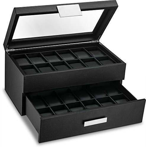 Glenor Co Watch Box for Men - 24 Slot Luxury Display Case Organizer, Carbon Fiber Design -Metal Buckle for Mens Jewelry Watches, Men's Storage Holder w Large Glass Top, Drawer & Leather Pillows- Black