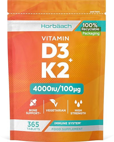 Vitamin D3 K2 High Strength Tablets | 365 Count | Vitamin D3 4000iu and Vitamin K2 MK7 100ug | Immune and Bone Support | Vegetarian | by Horbaach
