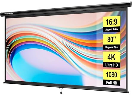 VIVOHOME 80 Inch 16:9 Pull Down Projector Screen, HD 4K Retractable Movie Screen for Indoor Home Theater and Office, Manual Projection Screen with Auto Locking (70Wx40H Inch Display Area)