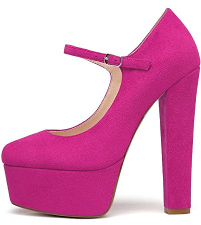 EDEFS Damen Plateau High Heels Pumps Verspielt Runde Zehe Schnalle Mary Jane Klobiger Absatz Kleid Date Schuhe Wildleder Rose Größe EU42