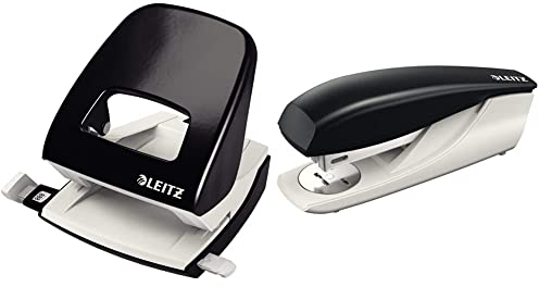 Leitz Büro Locher aus Metall, Für 30 Blatt, schwarz, 50080095 & NeXXt Bürotacker aus Metall, Für 30 Blatt, Ergonomisches Design mit Nachfüllanzeige, Inkl. Heftklammern, Schwarz, 55000095