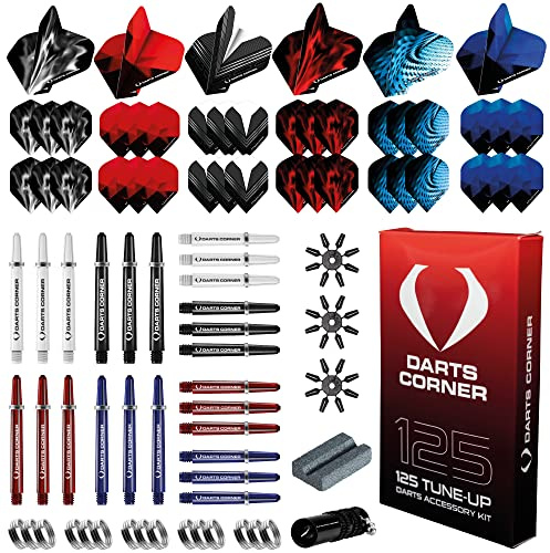 Darts Corner BX228 Tune Up Kit | 125pc Accessory Pack Including 24 Shafts, 36 Flights, Point Protectors, Shaft Springs, Broken Shaft Remover and a Steel Tip Sharpening Tool