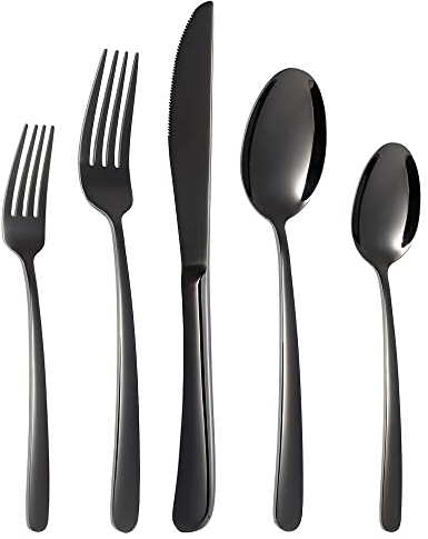 GSSWSSS Besteck Set für 6 Personen,30 Teilig Edelstahl Essbesteck Set,Besteck inkl.Messer/Gabel/Löffel,Spiegelpoliert, Spülmaschinenfest (Schwarz)