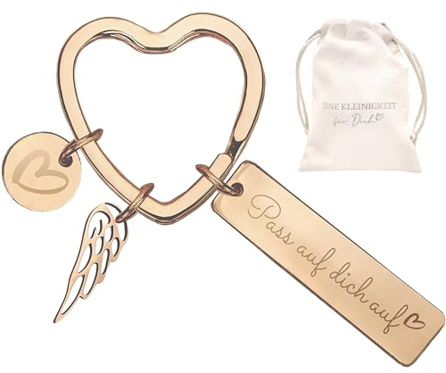 LOViLEE Pass auf dich auf Gold – Schlüsselanhänger Glücksbringer inkl. Geschenkbeutel – Geschenk Freundin Geburtstag, Führerschein bestanden Geschenk, Schutzengel Auto
