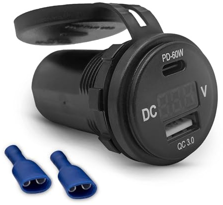 Offgridtec presa 96W con display tensione 12V/24V, ricarica rapida PD USB-A 36W e USB-C 60W max, caricatore doppio IP65 resistente acqua per auto, camper, camion e barche, design robusto e durevole