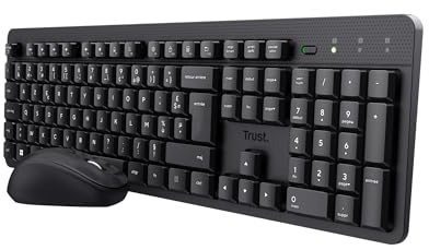 Trust Ymo II Pack Clavier et Souris sans Fil AZERTY Français Silencieux, Touches Plates Flottantes, Résistant aux Éclaboussures, Récepteur USB Unique, Set pour PC, Portable, Windows, Mac - Noir