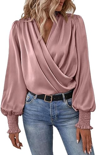 Generic Womens Ladies Dressy Casual Satin Silk Blouses Shirts Elegant Long Sleeve Sexy Deep V-Neck Casual Evening Wrap Tops Flattering Blouses Boho Shirts for Women 2024 Pink