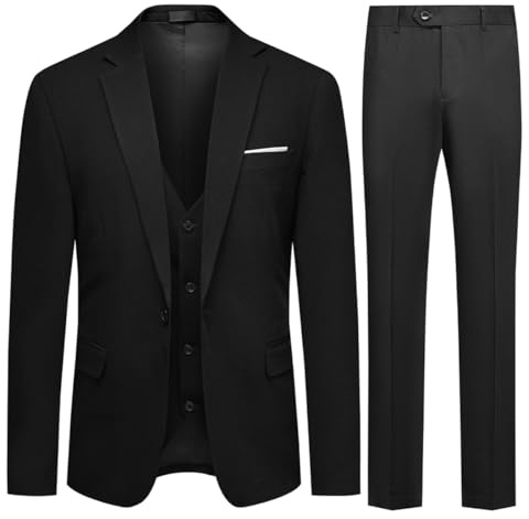 Allthemen Mens 3 Piece Suit 1 Button Business Solid Color Stretch Tuxedo Blazer Waistcoat Trousers Black L