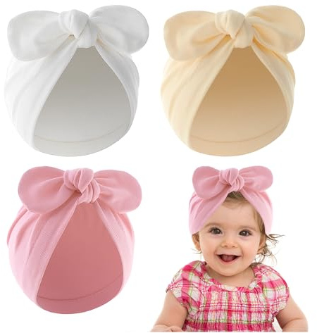 HDGSAFD 3 stycken babymössor, enfärgade turbanmössor med rosett, stickade babymössor, söta babymössor, varma babymössor, nyfödda hattar, babypannband (vit, rosa, beige), Vit, rosa, beige, M