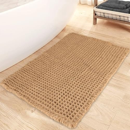 Mavicen Waffle Badezimmerteppich, 46 * 77cm Superabsorbierende Badematte rutschfest, Maschinenwaschbare Bequeme Badteppiche mit Quasten, Stilvolle Badematte Boho für Badezimmerboden (Braun)